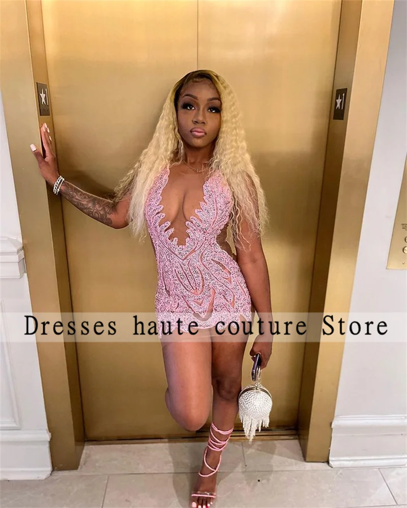 Luxury Pink Women Cocktail Dresses Sheer Mesh Beads African Girl Short Prom Dresses For Birthday Party Gowns