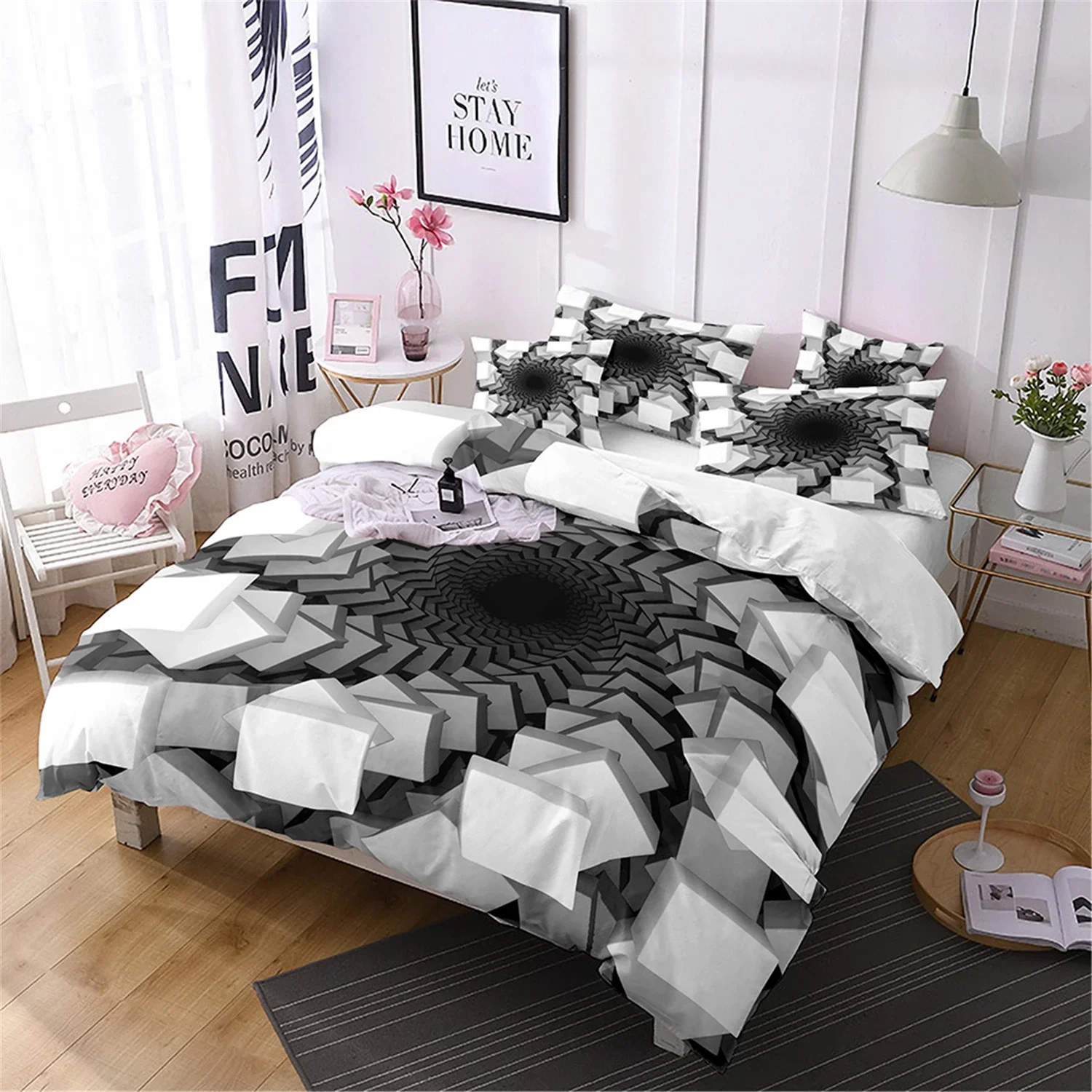 Microfiber Bedding Set For Double Bed, Abstract Style Print, Honeycomb Quilt Cover, Duvet Cover, Pillowcover, Black And White