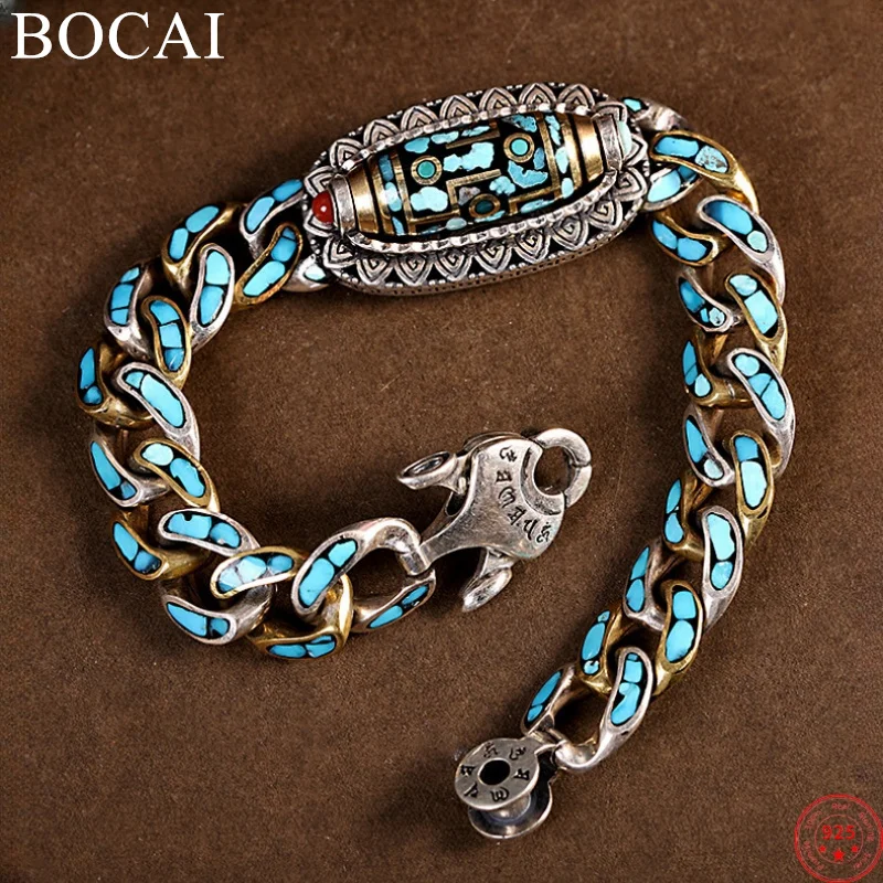 

BOCAI S925 Sterling Silver Bracelet for Men Six Character Truth The Pearl Of Heaven Thai Silver Hand Chain Pure Argentum Jewelry