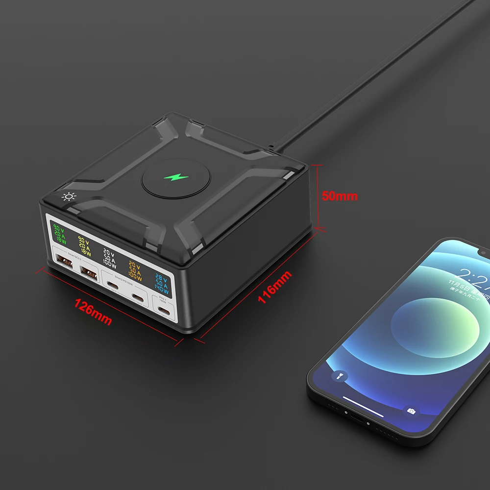 Ubigbuy 260W USB C Desktop Charger 5-Port USB Plus 1 Wireless Charge Port, 140W PD3.1 Fast Charging Station with LED Display