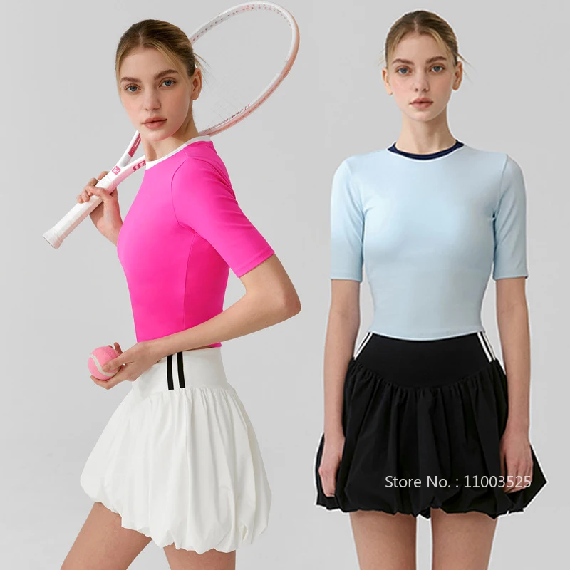 Round Neck Tennis Shirts Women Slim Yoga Sports Cropped Tops Ladies Running Fluffy Bud Skirt High Waist Badminton Skort