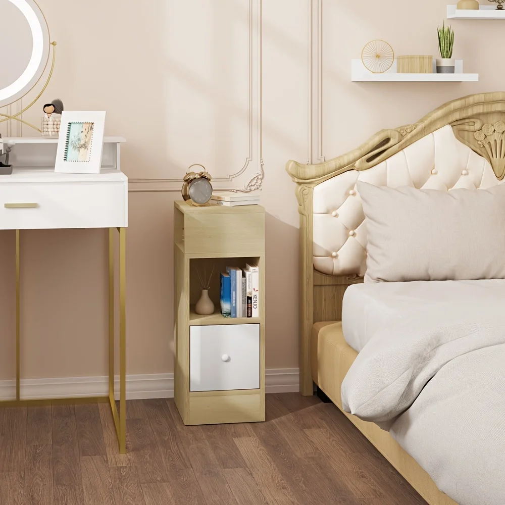 Nightstand, 2 Open Compartments And 1 Drawer, Bedroom, Living Room, Space Saving Cabinets, Particle Board, 25X30X66Cm, Dark Grey