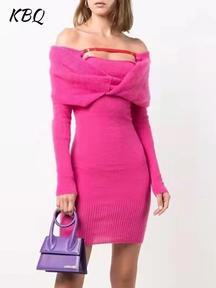 

KBQ-Twist Front Strapless Dress for Women, Slash Neck, Long Sleeve, High Waist,Knitting,Skinny,Solid,Mini Bodycon Dresses,Female