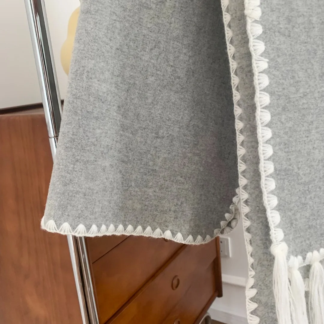 Se61b060aeb674931afe264c64a98c90f9 Women Fringe Scarf Collar Coat Double-sided Woollen Single Breasted Autumn Winter, Loose Embroidery Trim Female Casual Jacket Mallzona