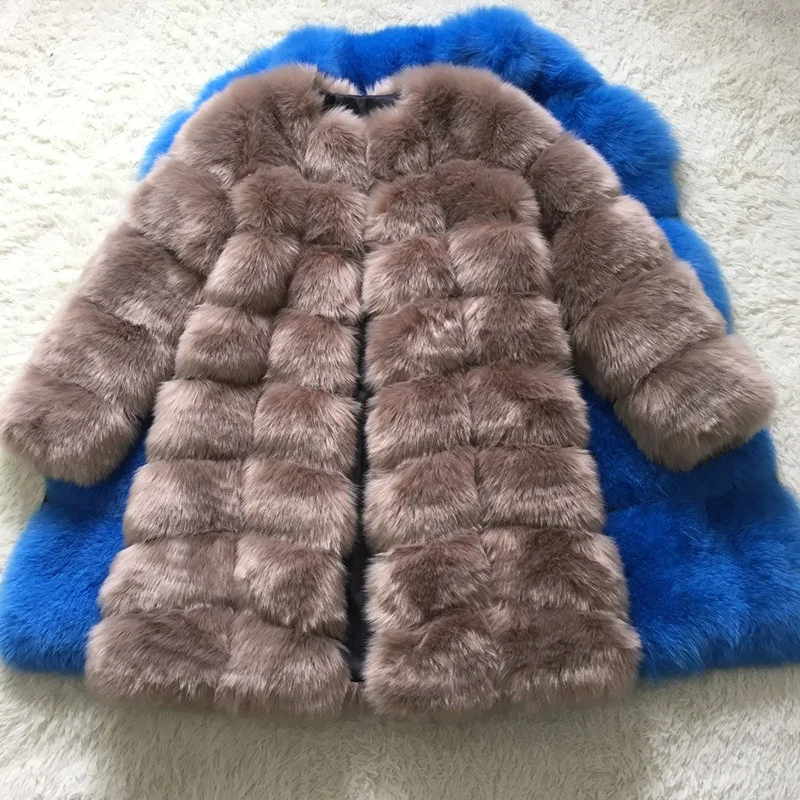 2023 Winter New Women Faux Fur Coat Stitching Imitation Fox Fur Thickened Warm Outwear Mid Length Version Solid Color Parkas