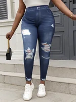 Plus Size Women's Slim Fit Leggings Imitation Jeans Print Faux Broken Hole Design Stretchy Pants Female Casual Knitwear Bottoms - Image 3