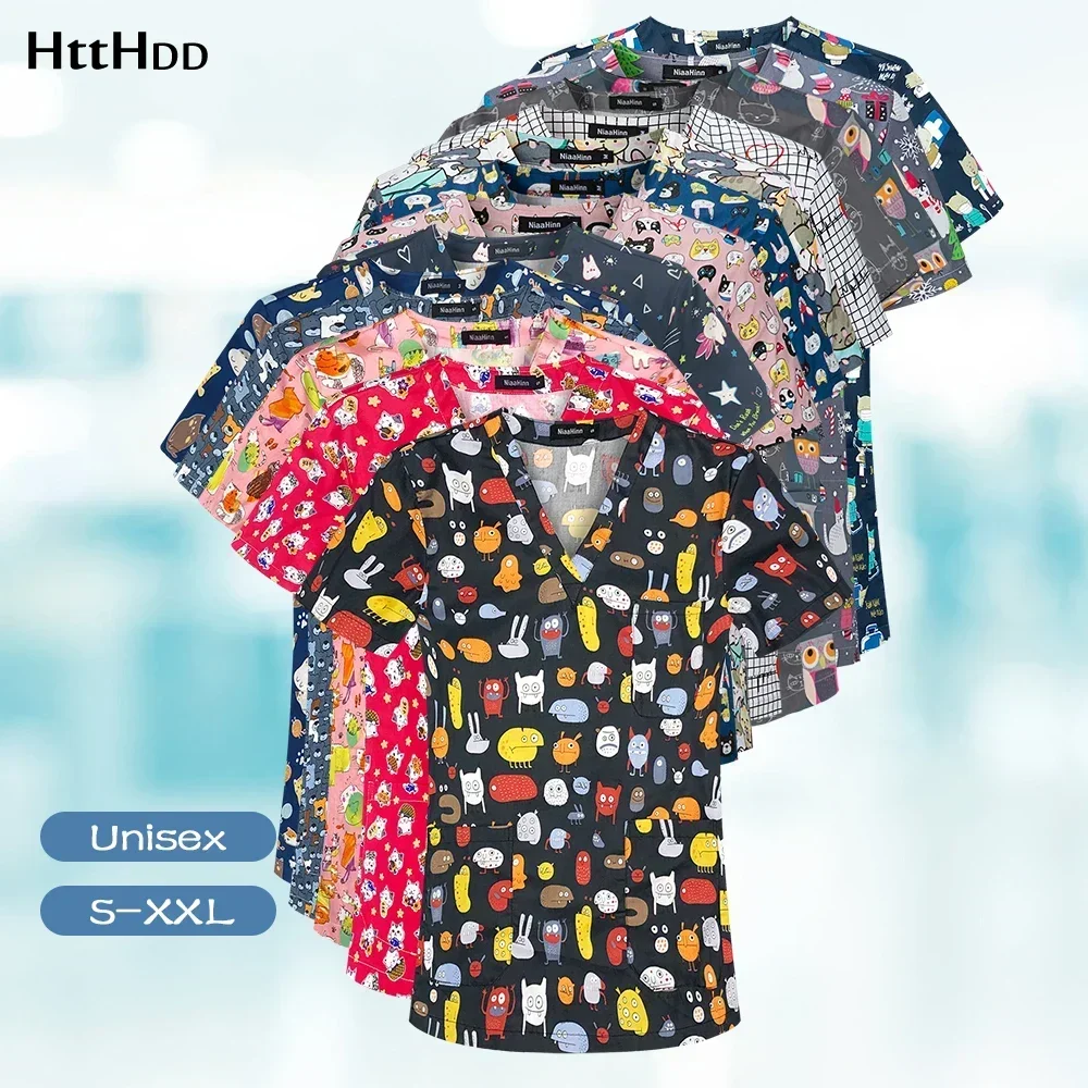 New Medical Clothing for Women Spa Uniforms Cartoon Printing Mens Scrubs Top Pet Clinic Beauty Shop Doctor Lab Coat