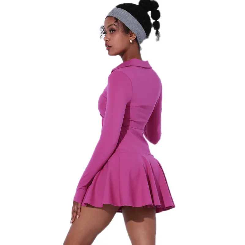One Piece Tennis Skirt Nude Sports Short Dress Yoga Fitness Wear Long sleeve high collar
