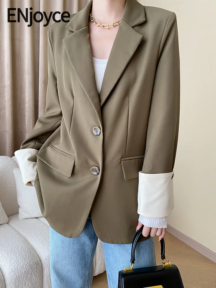 enjoyce-2023-autumn-women-vintage-green-korean-curled-cuffs-blazer-long-sleeve-suit-ladies-workwear-jacket-outerwear-coats