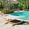 12 FT Double Quilted Fabric Hammock and 13 FT Wooden Arc Stand,Removable Pillow,2 Person Hammock for Outdoor Patio Poolside 1