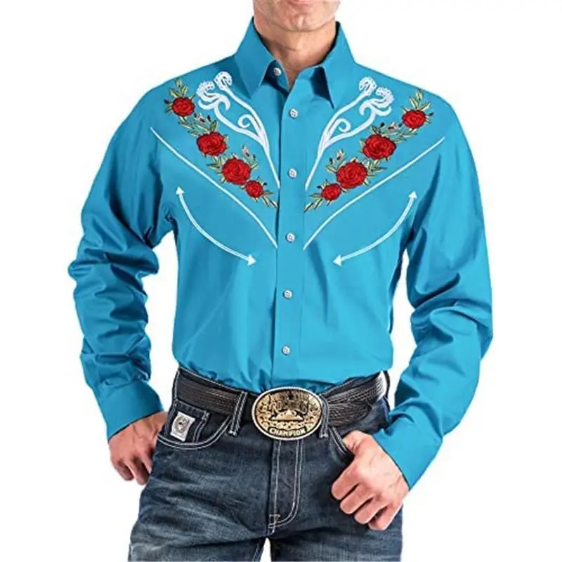 Fashion Western Style Men Print Shirts Long Sleeve Spring Casual Loose Slim Button Down Dress Shirt Vintage Tops Men's Clothing