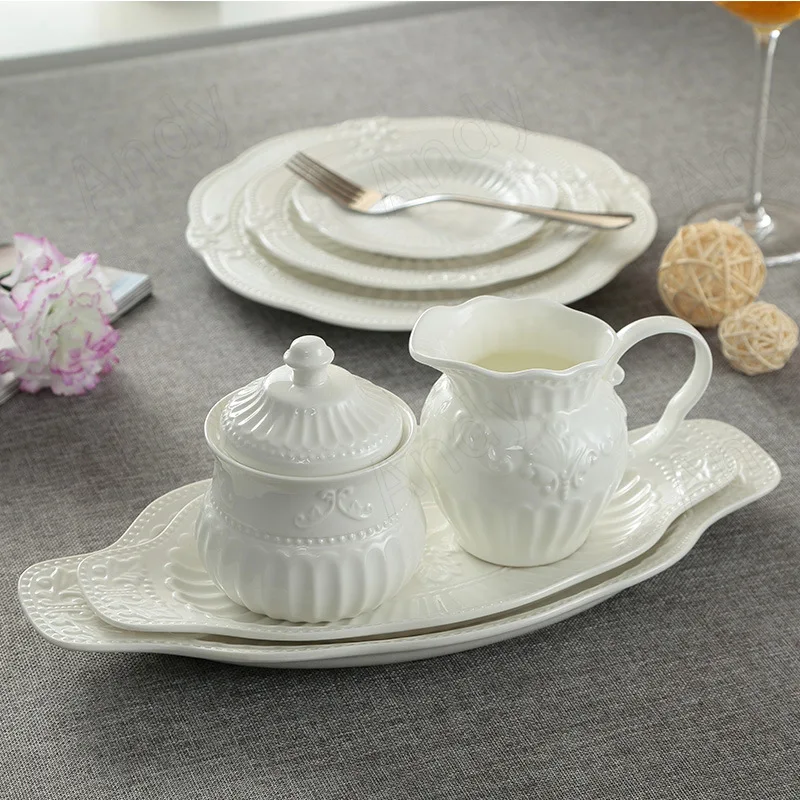 Modern Bone China Dinner Sets French Baroque Relief Home Afternoon Tea Cup Set Western Restaurant Desktop Creative Steak Dish