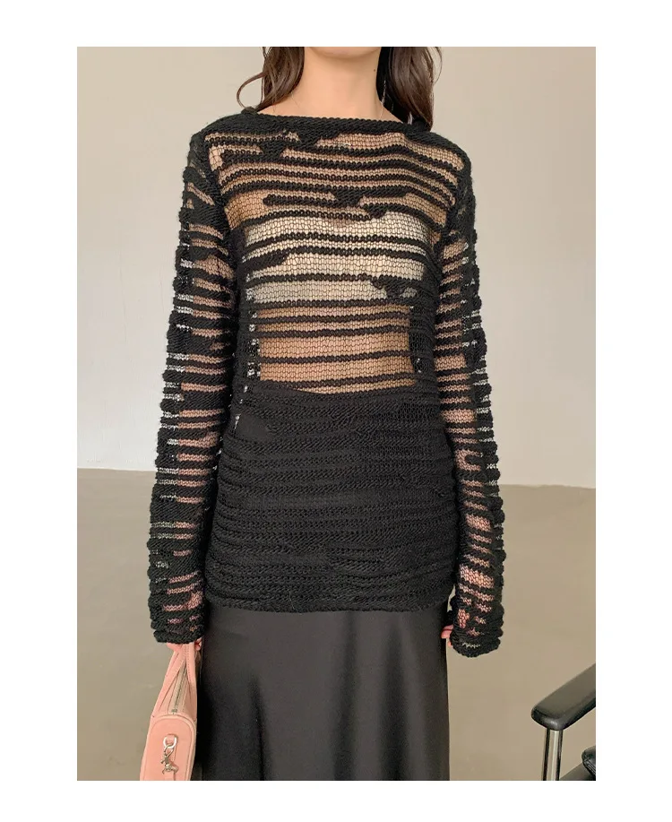 Karrram Lazy Style Long Sleeve T-shirts Hollow Out Sexy Korean Fashion See Through Knitted Tshirts Loose Women Chic Streetwear