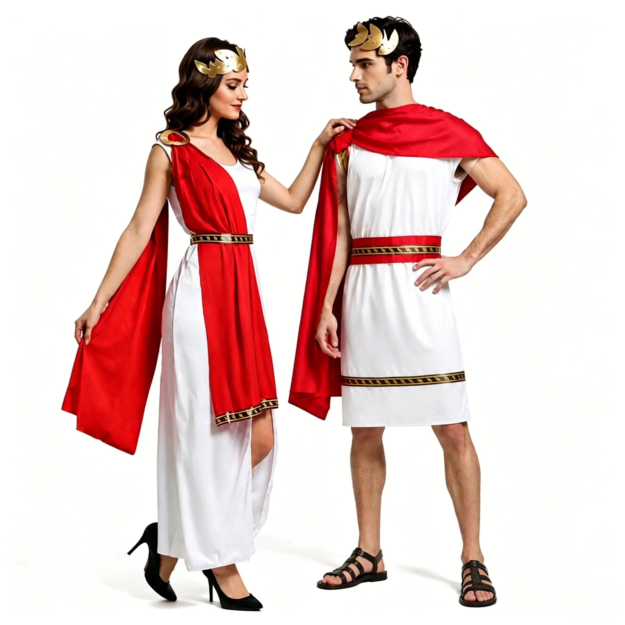 Costume Romano Greco per Adulti, Uomini e Donne, Toga Bianca, Mantello Rosso, Corona d'Alloro Dorata, Set per Halloween e Carnevale - immagine 4