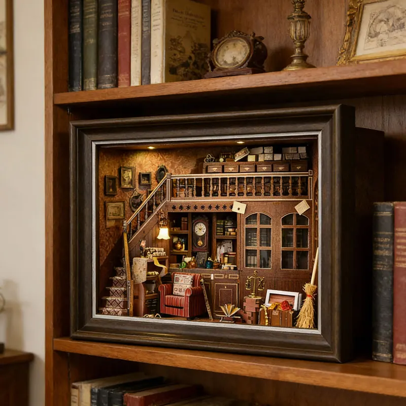 DIY Book Nook Kit 3D Wooden Puzzle LED Light Miniature Dollhouse Bookshelf Insert Photo Frame Ornament Friends Birthday Gifts