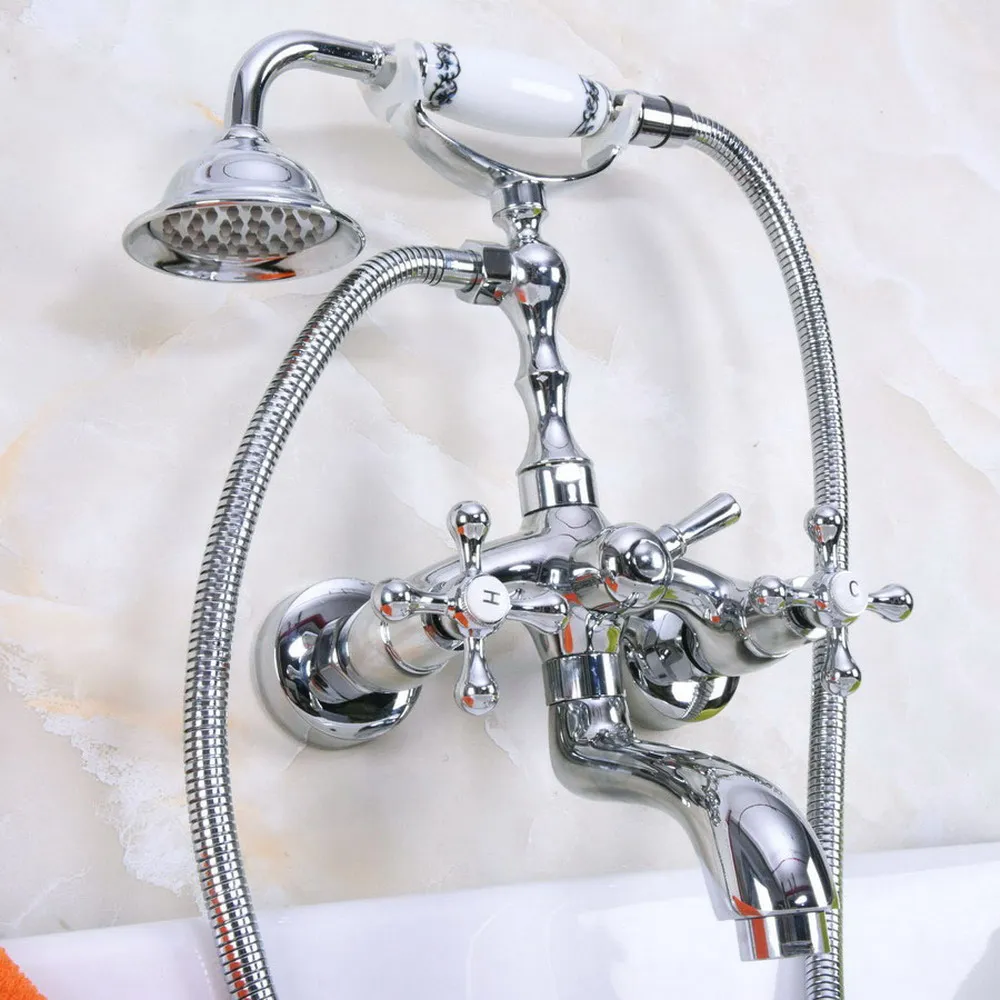 

Polished Chrome Brass Wall Mounted Bathroom Tub Faucet Set WITH/ 1.5M Handheld Shower Spray Head Mixer Tap Dna197