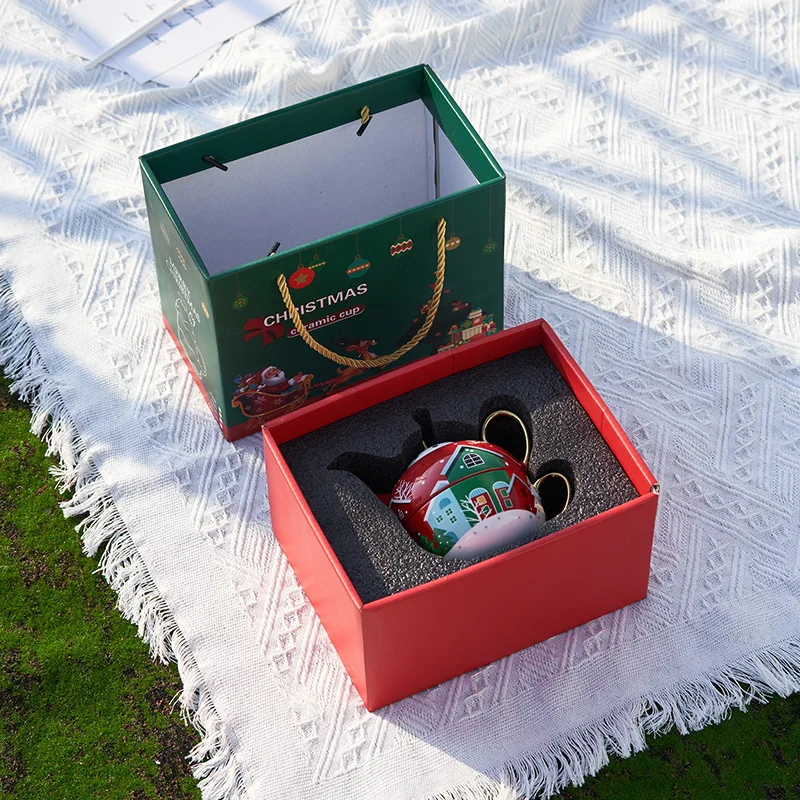 Christmas Pattern Ceramic Tea Set Gold Plated Craft Ceramic Portable Tea Set Personal Teapot Cup and Saucer Surprise Gift