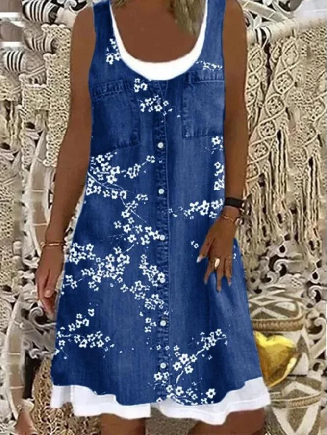 

2024 Spring/Summer Loose Knee-length Skirt New Design Printed Pocket Skirt Elegant Slim Skirt Round Neck Sleeveless Skirt