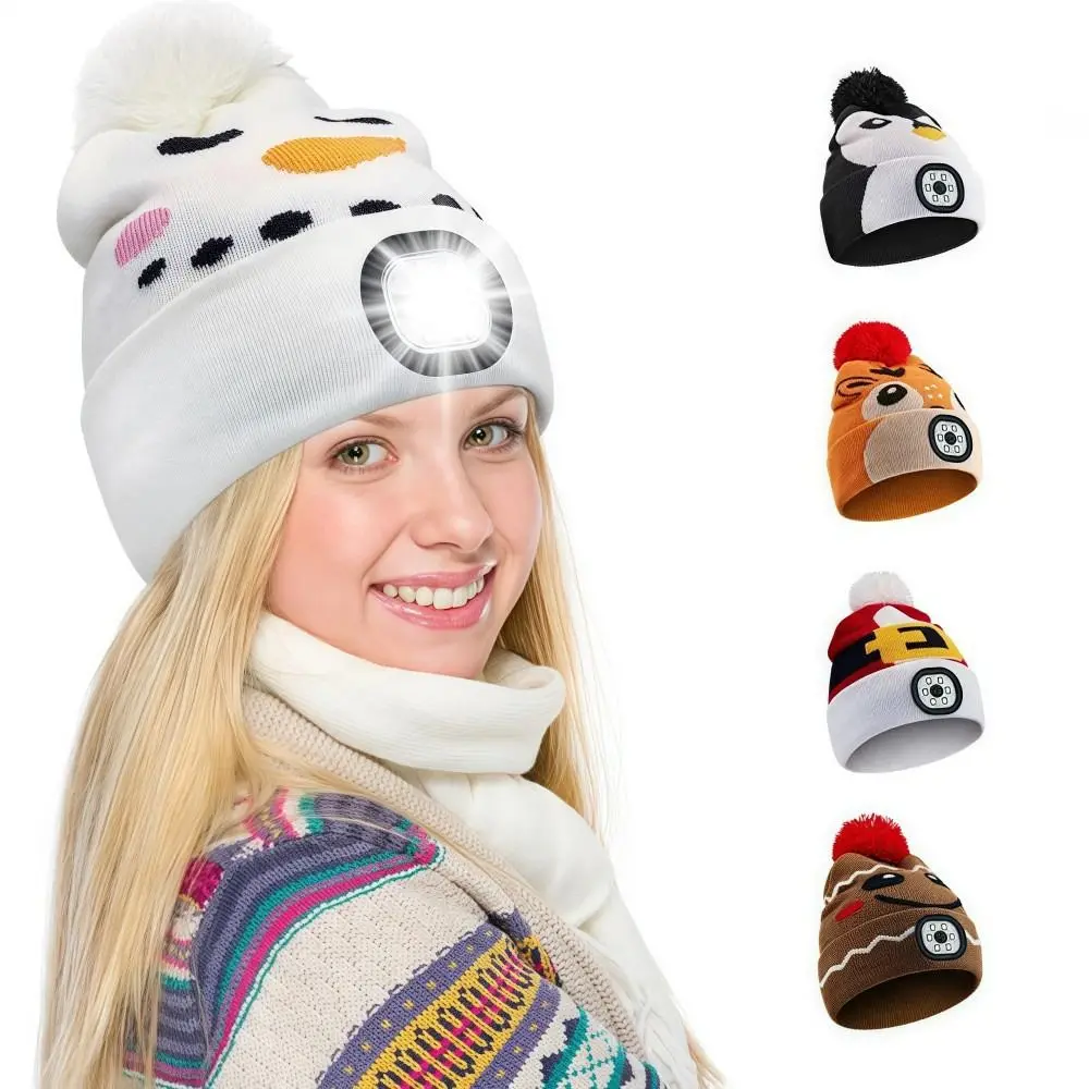 USB Rechargeable LED Light-up Knitted Hat Detachable Winter Warm Headlamp Cap Cartoon Luminescent Design LED Beanie with Light