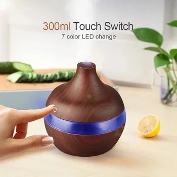 300ml High Quality Aromatherapy Essential Oil Diffuser Wood Grain Remote Control Ultrasonic Air Humidifier with 7 Colors Light 1