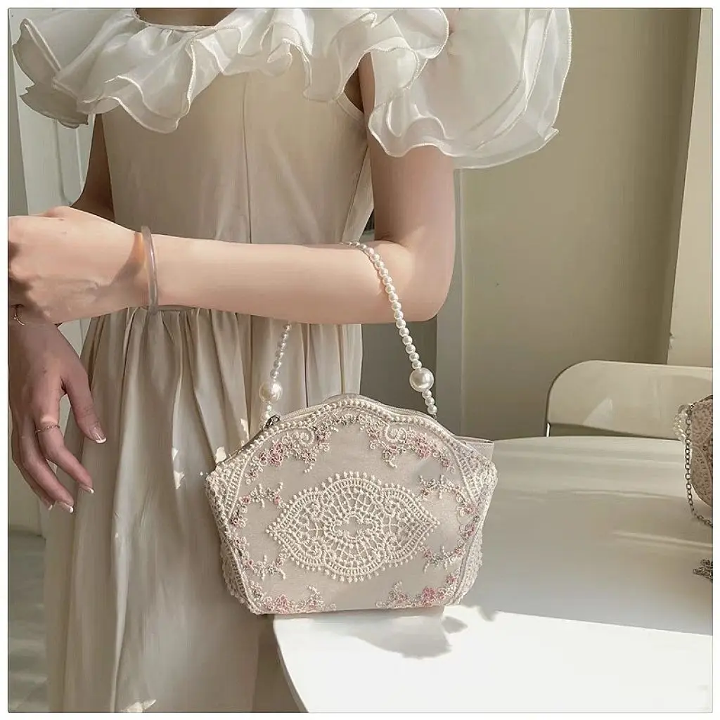 JIAERDI Retro Floral Embroidery Pink Hand Bag Women Fairycore Aesthetic Pearl Handle Underram Bag Ladies Chinese Style Purse New