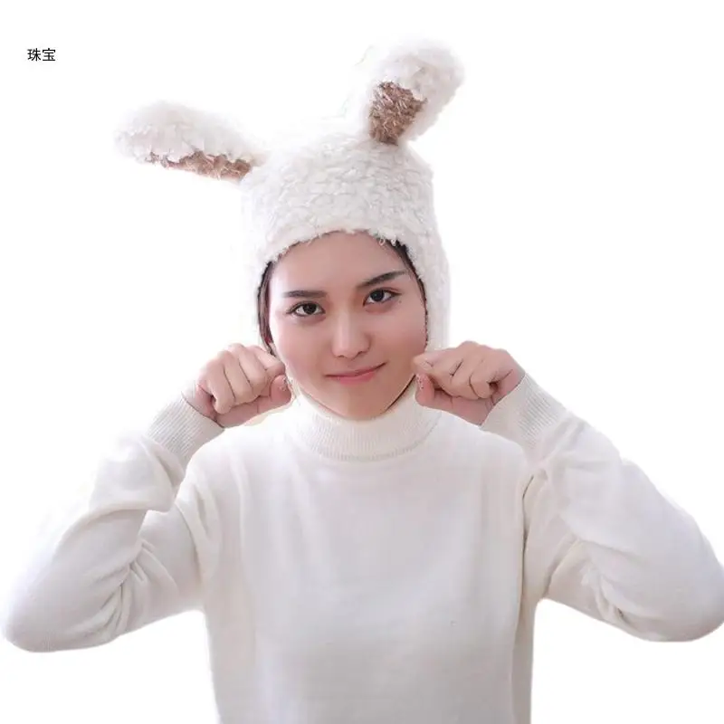 

X5QE Cartoon Bunny Rabbit Ears Faux Fleece Plush Hat Fuzzy Warm Animal Earflap