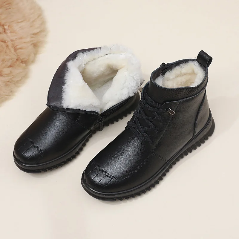 High Quality Genuine Leather Lace-up Women Ankle Boots Female Thick Plush Warm Snow Boots Mother Waterproof Non-slip Booties