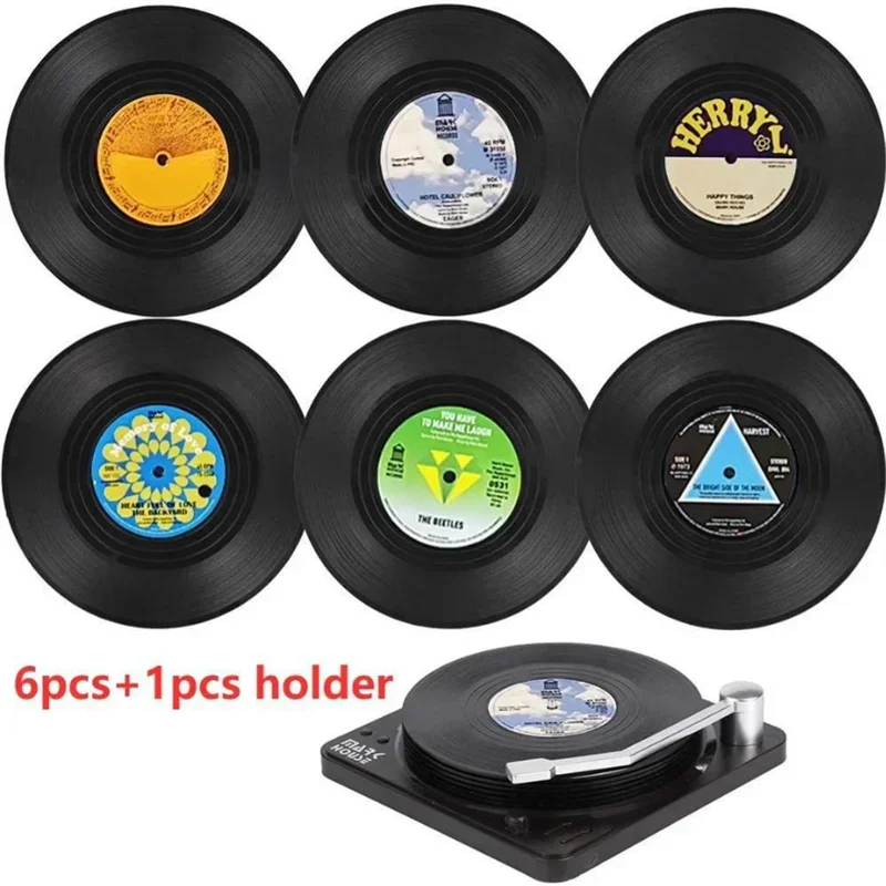 Yaratıcı Müzik Bardak Vinil Plak Çalar Tutucu ile 6'lı Set Vinil Bardak İçecekler için Retro Kayıt Disk Coaster Kupa Ped Mat