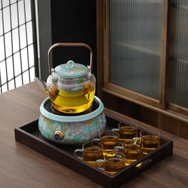 800ML Colour Enamels Celadon Filtration Glass Teapot Large Capacity High-handled Pot Boiling Water Kettle For Electric Stove