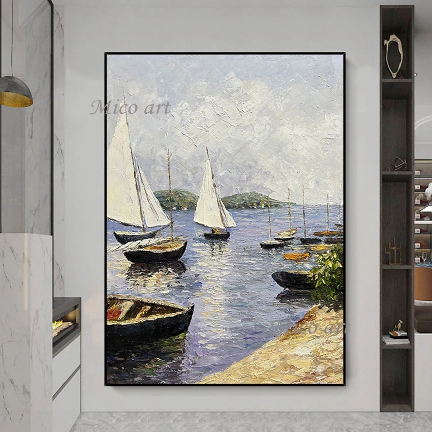 

100% Hand-painted Abstract Acrylic Oil Paintings 3d Lakeside Sailboat Art Canvas Wall Picture For Hotel Decoration Unframed