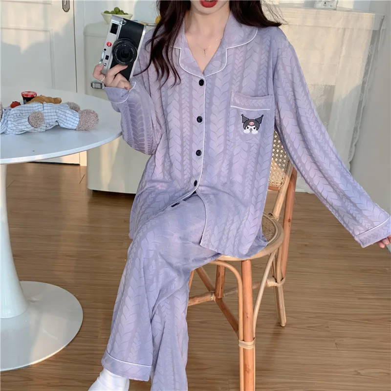 

Sanrio Anime Lapel Kuromi Pajama Cartoon Cinnamoroll Cardigan Long Sleeve Trouser Nighty Kawaii Girl Pochacco Loungewear Gift