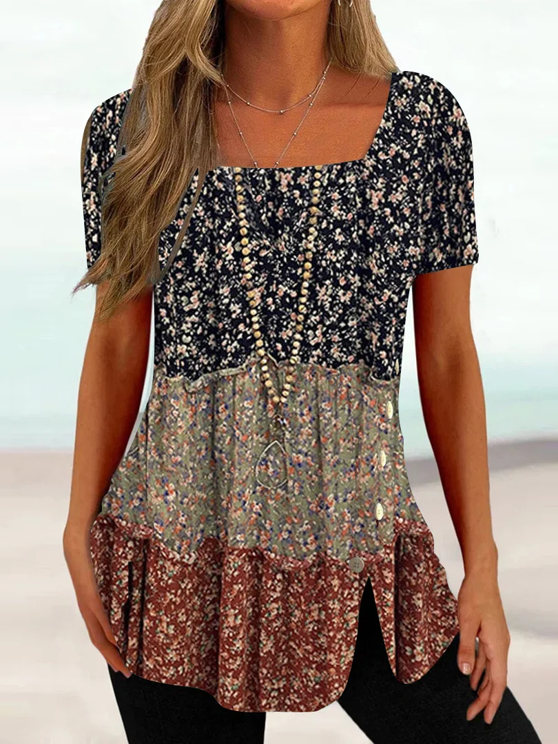 

Plus Size Women Short Sleeve U-neck Floral Printed Stitching Tops