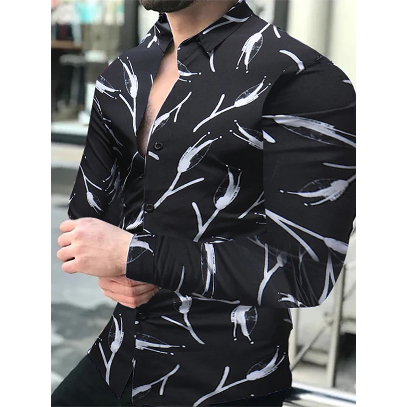 

New Fashion Social Men Shirts Slim Fit Turn-down Collar Buttoned Shirt Casual Print Long Sleeve Tops Mens Clothes Trend Cardigan