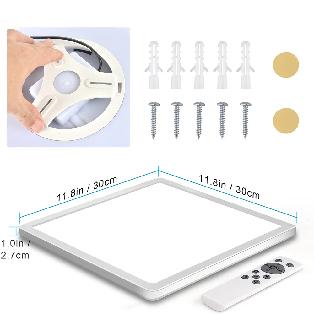 사각형 RGB LED 천장 램프 24W 백라이트 야간 조명 디밍 가능 3000-6500K 리모컨 포함 IP44 방수 룸 데코용