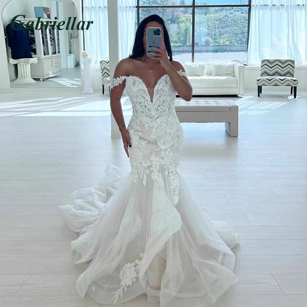 Gabriellar – robe de mariée sirène élégante, col en V, avec des Appliques en Tulle, à volants, plis sur l'épaule, personnalisée