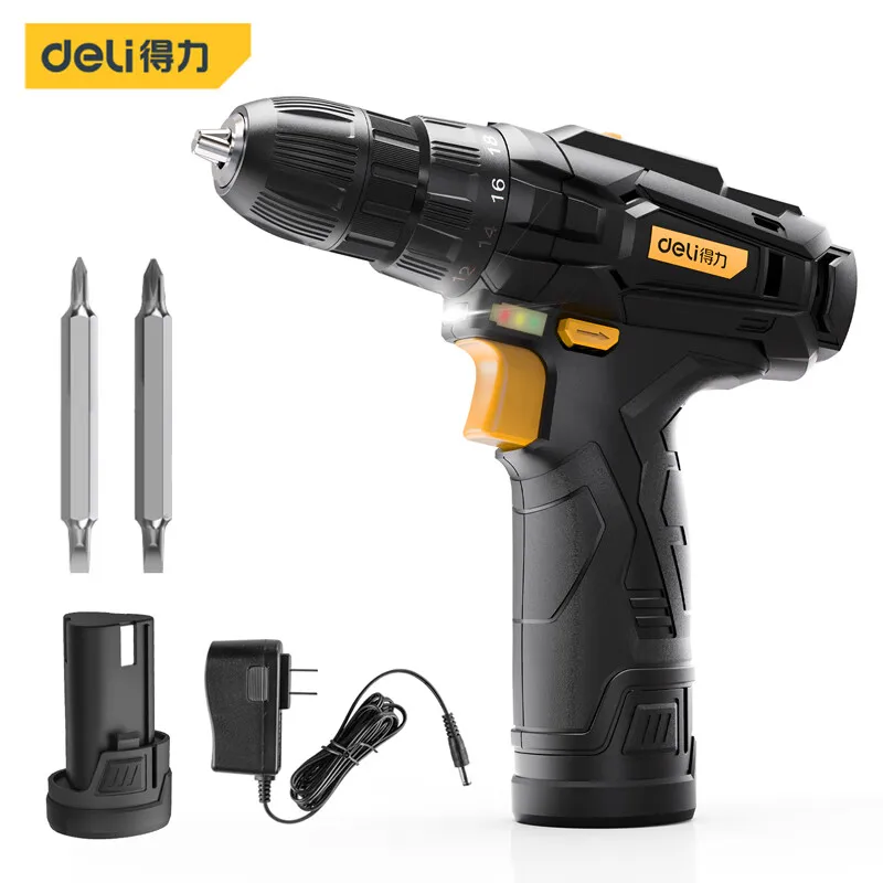 Deli 12V electric drill screwdriver impact dual speed lithium cordless electric drill with forward and reverse electric tools deli wireless electric screwdriver 3 6v1500mah5n m torque rechargeable electric screwdriver with led light 10 pcs household tool