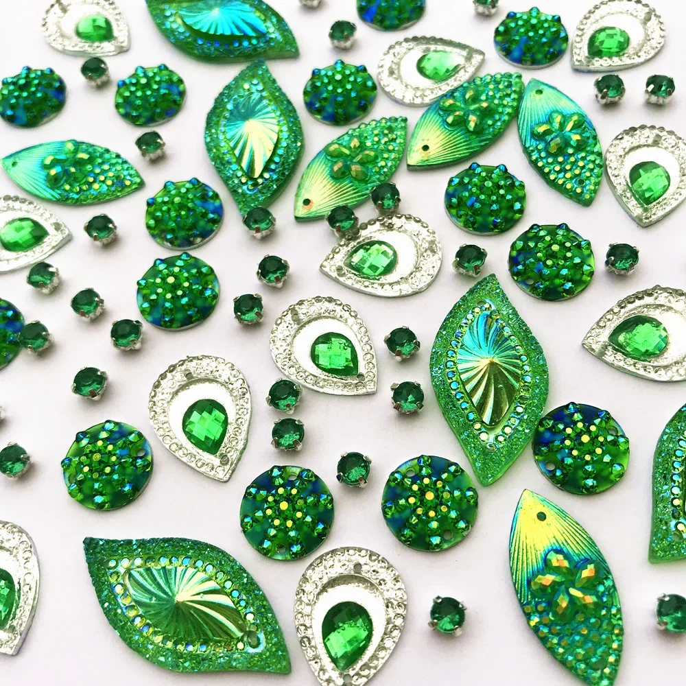 Mix Shape Stunning Green Ab Silver Gems Stones Strass Crystal Strass Jewelry Per Fai Da Te Cucito Artigianato Decorazione Di Nozze Party