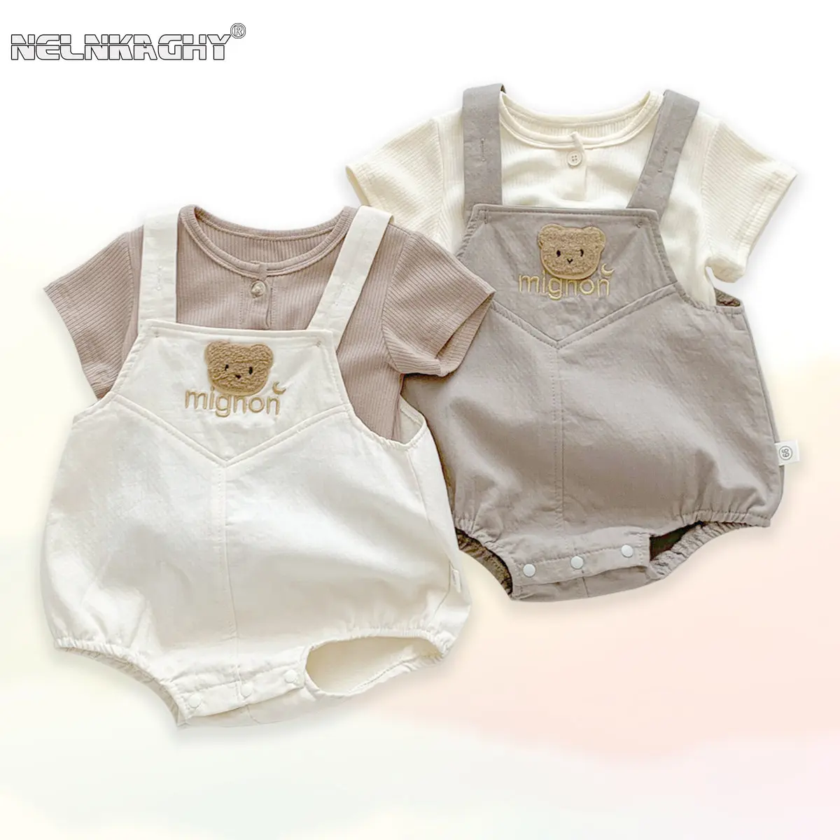 2023 Nieuw In Zomer Pasgeboren Baby Meisjes Jongens Korte Mouw Effen Kleur Top T-shirts + Cartoon Beer Bodysuits Kid Infant kleding Set