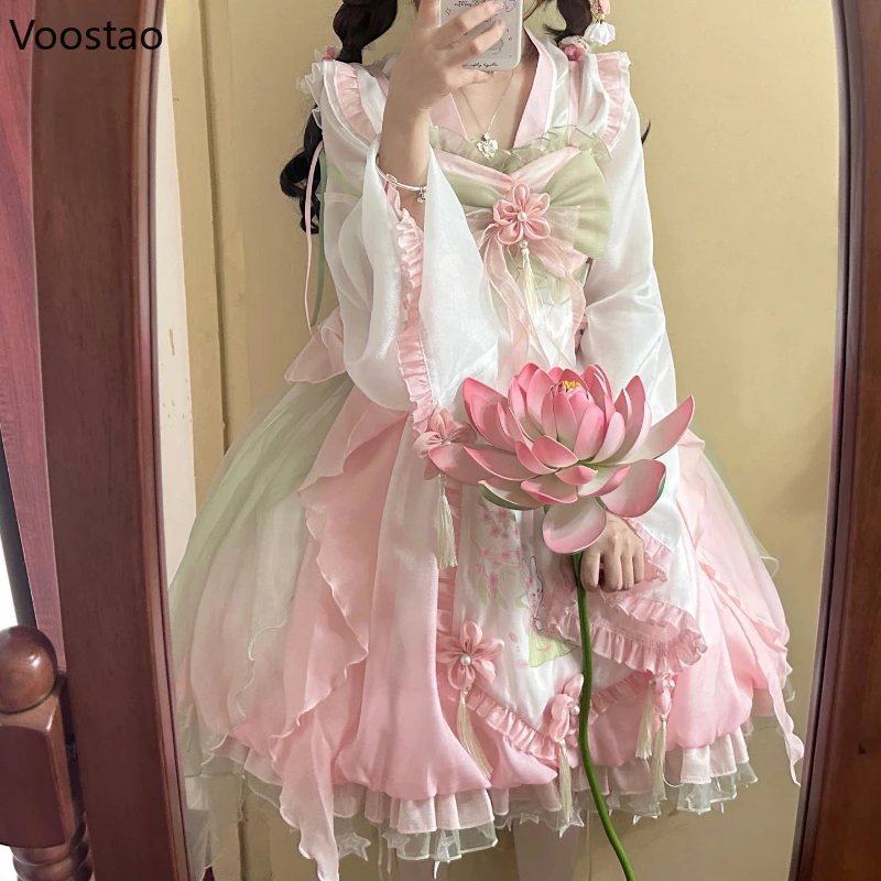 Sweet Lolita Princess Dress Women Cute Cartoon Rabbit Print Flower Ruffles Party Dresses Chinese Hanfu Style Kawaii Lolita Sets