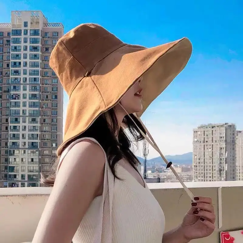 Women Sun Hat Wide Brim Anti-UV Protection Hiking Fisherman Cap Fold Summer Cotton Breathable Beach Bucekt Hat