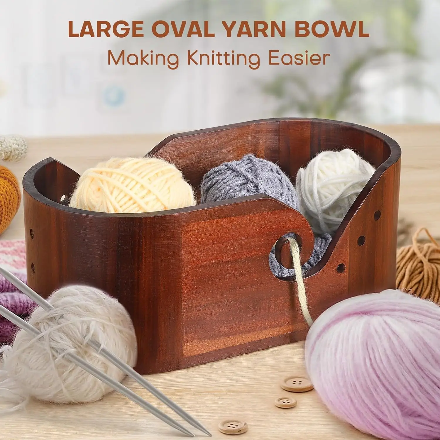 Wooden Yarn Bowl Large Size for Yarn Skeins Oval Wooden Bowl with Carved Holes Crochet Hook Rests Portable Knitting Accessories