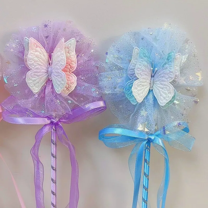 INS Kids Birthday Mesh Bow Fairy Stick Baby Shower Butterfly Wand Girl Princess Party Game Props 1PC