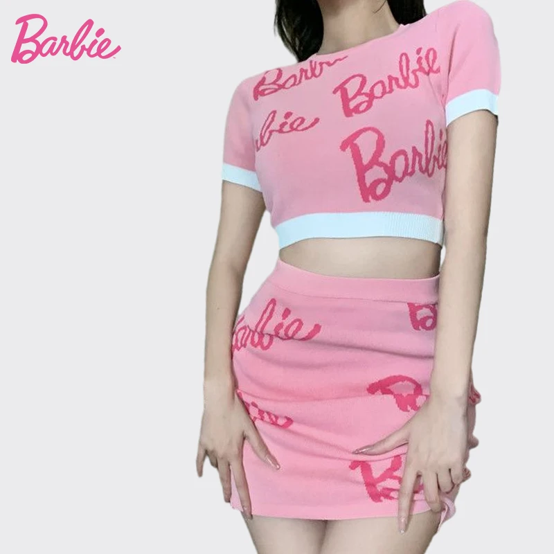 

Miniso Barbie New Pink Women Suit Female Summer Girls Two-Piece Short-Sleeved and Skirt Set Ladies Bottom Shirt+Dress Outfit