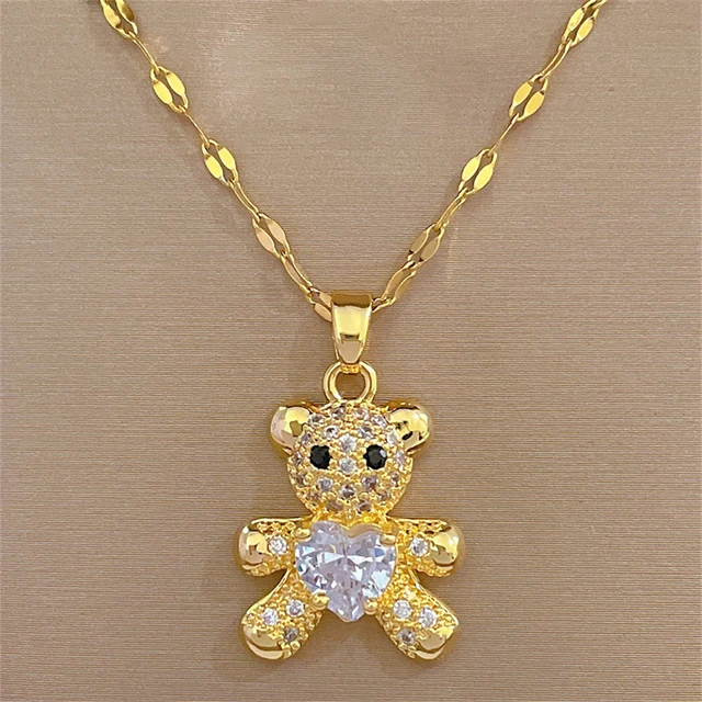Fashion Crystal Heart Necklace For Women Jewelry Sets Stainless Steel Chain Cute Bear Stud Earring Mothers Day Gift 1