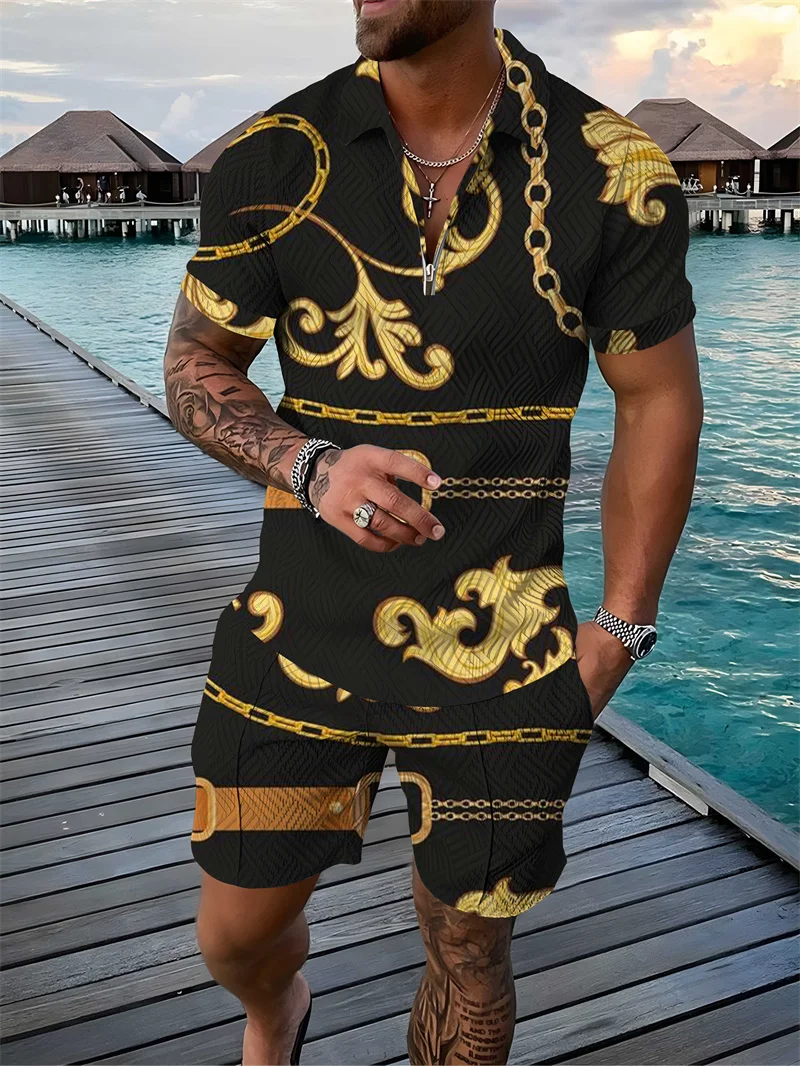 Men's Summer Tracksuit Short Sleeve Polo Shirt Set Luxury Chain Print Clothing 2 Pieces Fashion Casual Suit Streetwear Outfit