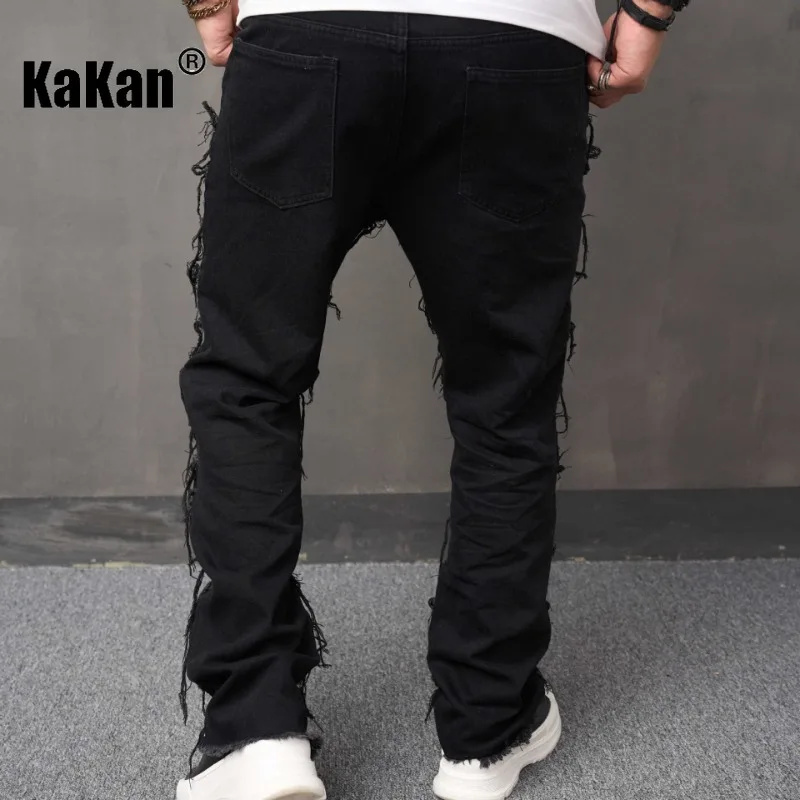 Kakan - New European and American Distressed and Bearded Jeans for Men, Loose Fitting Wide Leg Pants, Casual Black Pants K49-705