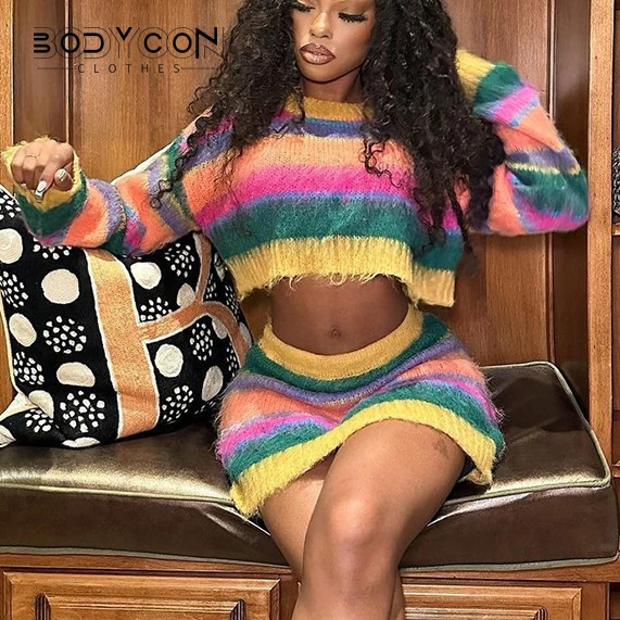 

Bodyconclothes Women's Two Piece Dress Rainbow Stripe Knitted Long Sleeve Contrast Top High Waist Wrap Hip Short Skirt Set