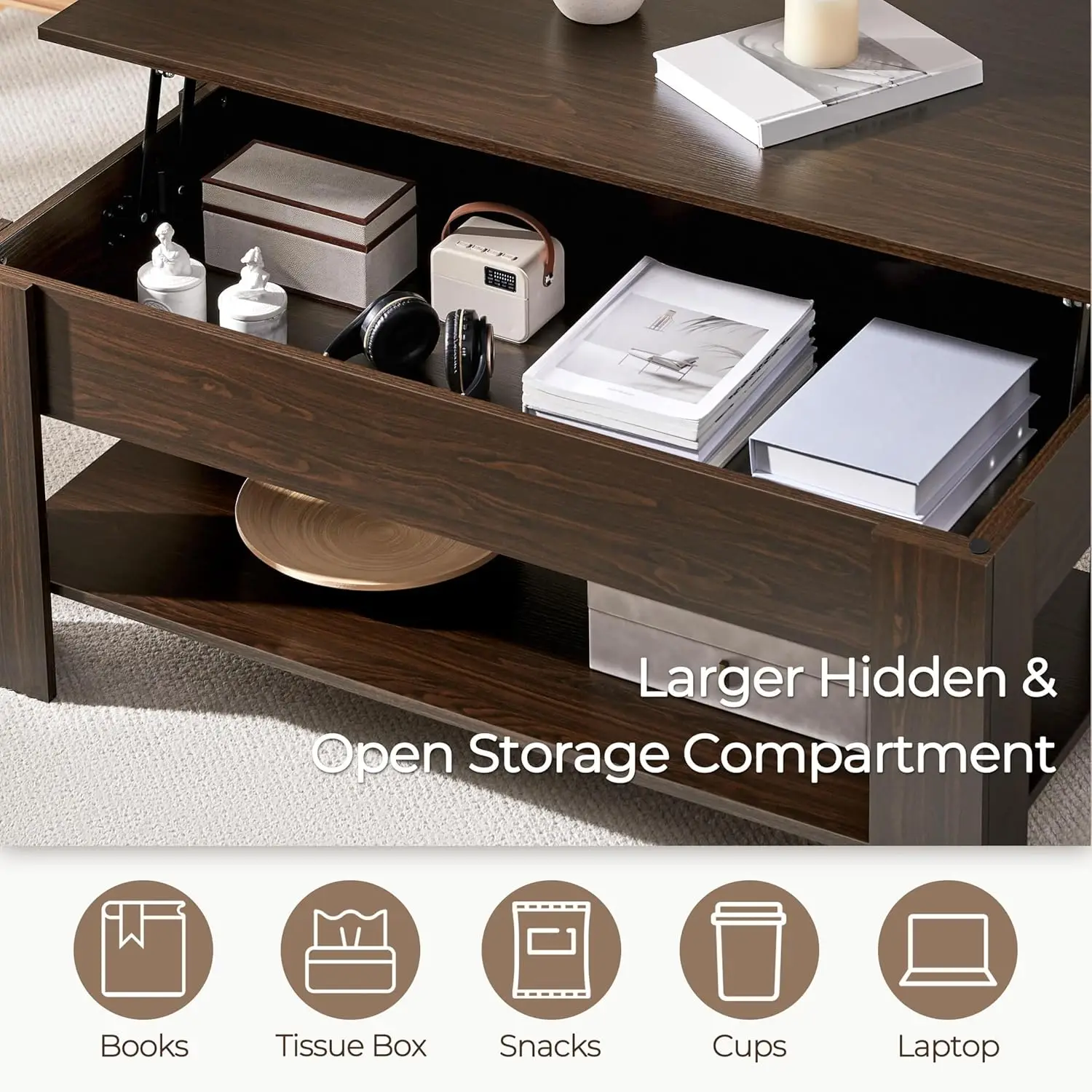 Lift Top Coffee Table with Hidden Compartment and Storage Shelf, Rising Tabletop Dining Table for Living Room Reception Room 6