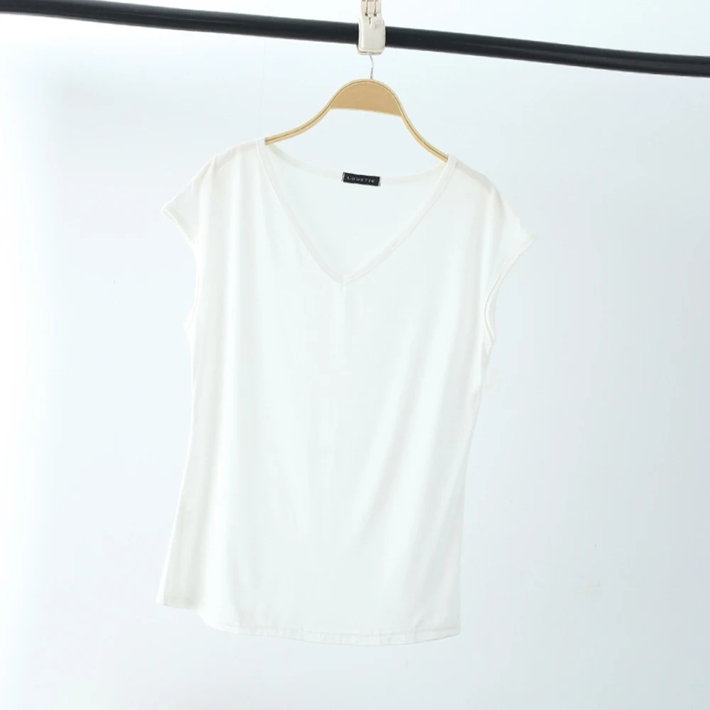 Women T Shirt Summer Loose Tee Tops Casual Undershirt Solid Color V Neck Basic Tshirt Comfortable Pullover 2023 New High226_voghion.com