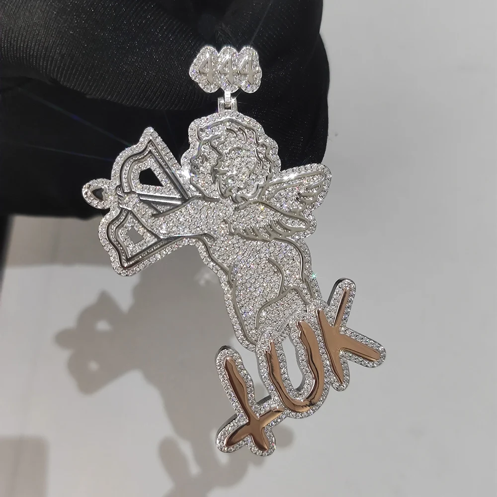Fashion Jewelry Hip Hop Mens 925 Sterling Silver VVS Moissanite Diamond Iced Out Angel Cupids Rose Letter Pendant Necklace Women